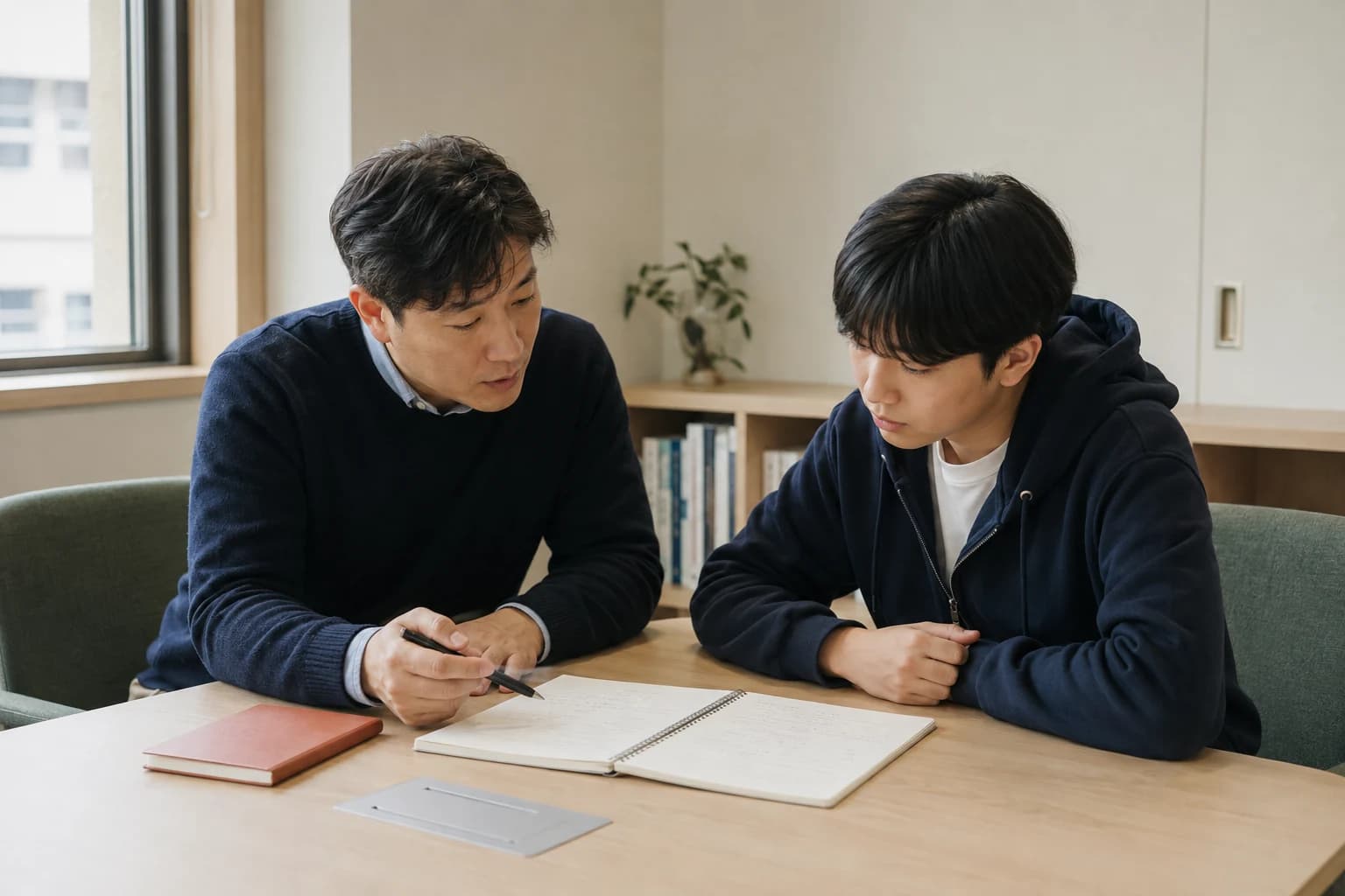 학생과 컨설턴트가 모의면접 메모를 살펴보는 피드백을 표현한 생성 이미지