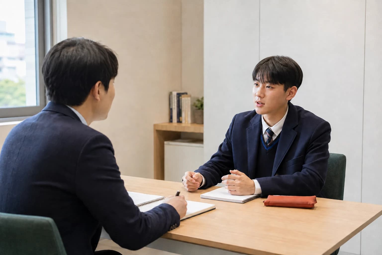 학생과 컨설턴트의 일대일 대면 모의면접을 표현한 생성 이미지