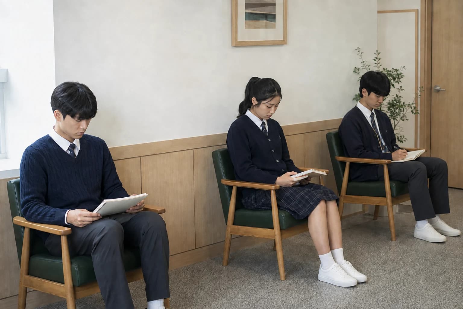 노트를 보며 모의면접 순서를 기다리는 학생들을 표현한 생성 이미지